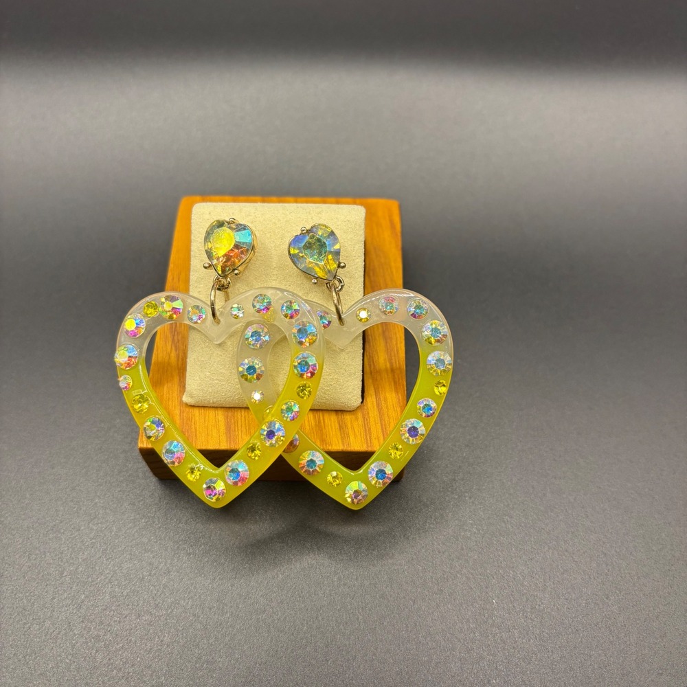 Yellow Ombre Resin Heart Drop Earrings Iridescent AB Rhinestone Y2K Statement